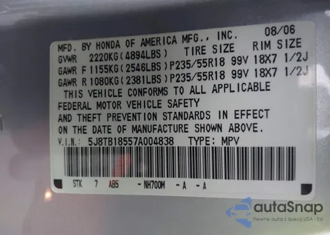 2007 Acura Rdx z USA, uszkodzony, nr VIN 5J8TB18557A004838